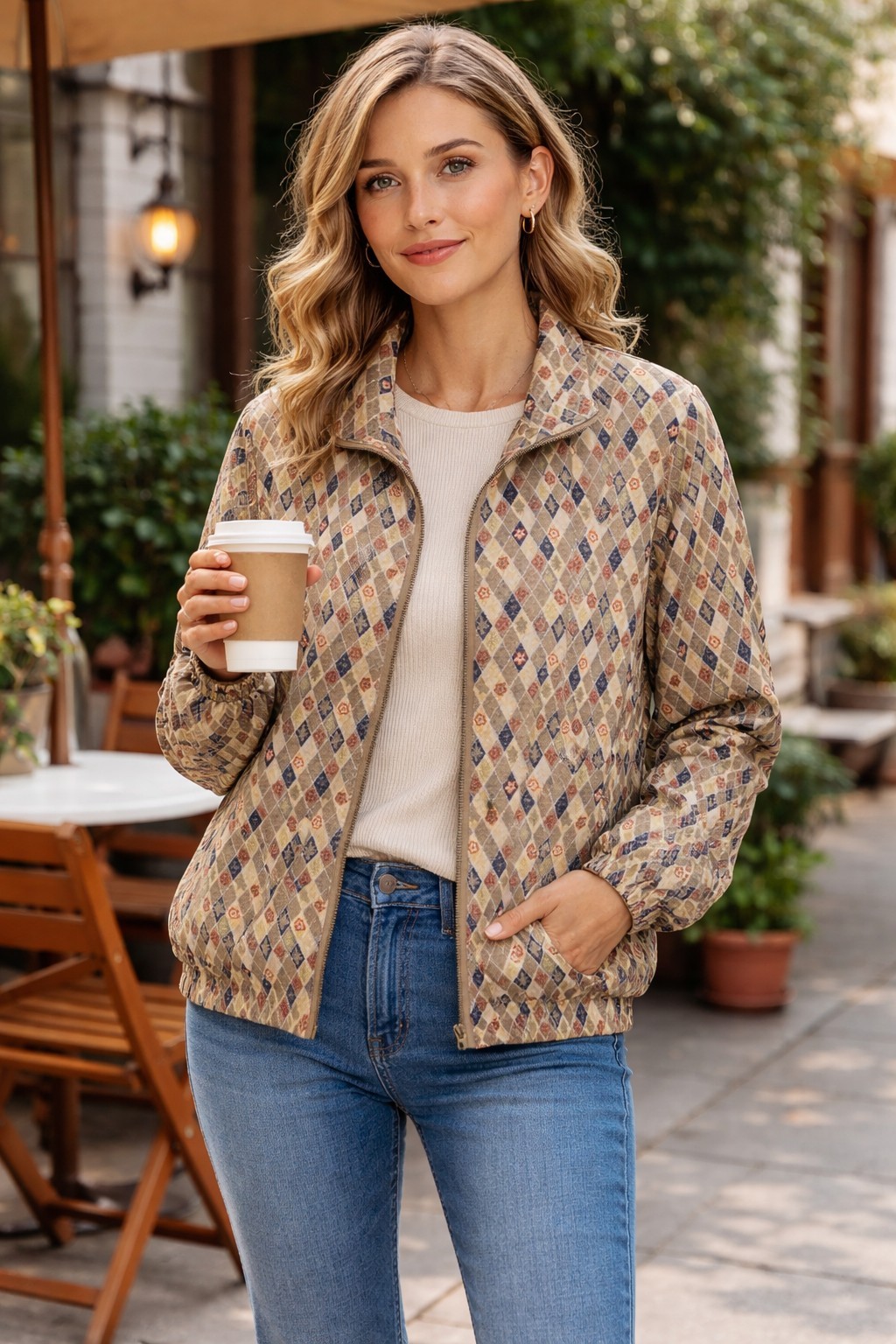 Silk Ncounter 100% Silk Jacket Womens PL Petite Large Zip Front Diamond Print Li