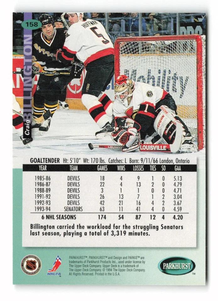 1994-95 Parkhurst #158 Craig Billington Ottawa Senators - Image 2 of 2