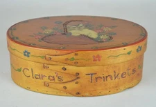 ANTIQUE BENTWOOD OVAL PANTRY BOX - 3 FINGERS HAND PAINTED INCISED DECORATION 8"
