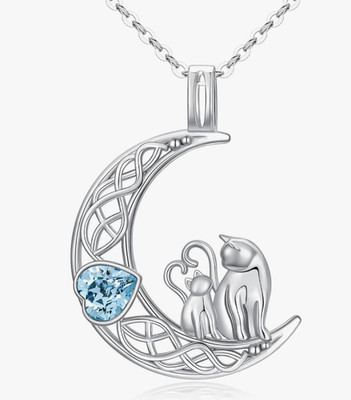 Moon Cat Mom Kitten Necklace 925 Sterling Silver Blue Crystal for Cat Lovers