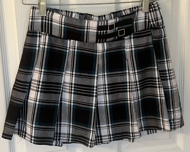 JUSTICE Sz L (12/14) Girls Pleated Skirt Skort Black White Green Plaid