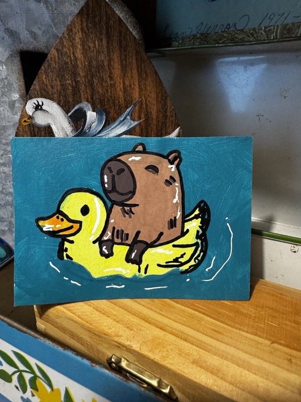 ACEO Art Card Capy Chill By Britney B Acrylic Capybara Swimming Ocean Water