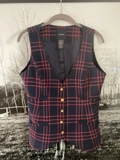 New Smythe plaid vest waistcoat navy red M $425 check punk blazer top fitted