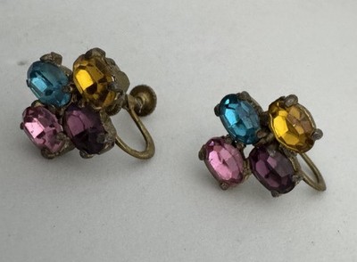 Antique Art Deco Czech Glass Paste Screw Back Earrings Fruit Salad Style 1930s