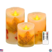 Set of 3 Maple Leaf LED Candles with Remote & Timer, Dimmable Battery Operated