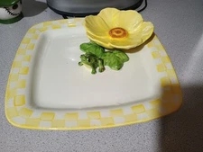 Cali 3D Yellow Flower & Frog On A Lilypad & White Chip & Dip Dish Signed