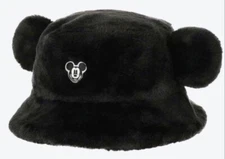 Tokyo Disney Resort Fluffy Bucket Hat Black Mickey Ears Winter Cap Japan JP Used