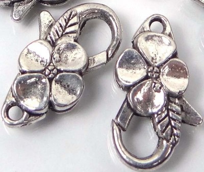 4 Antique Silver Pewter Flower Lobster Claw Clasps 25x14mm