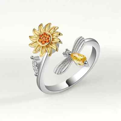 Adjustable Rotating Ring Sunflower Bee Zircon Silvery Men Women Anxiety Relief