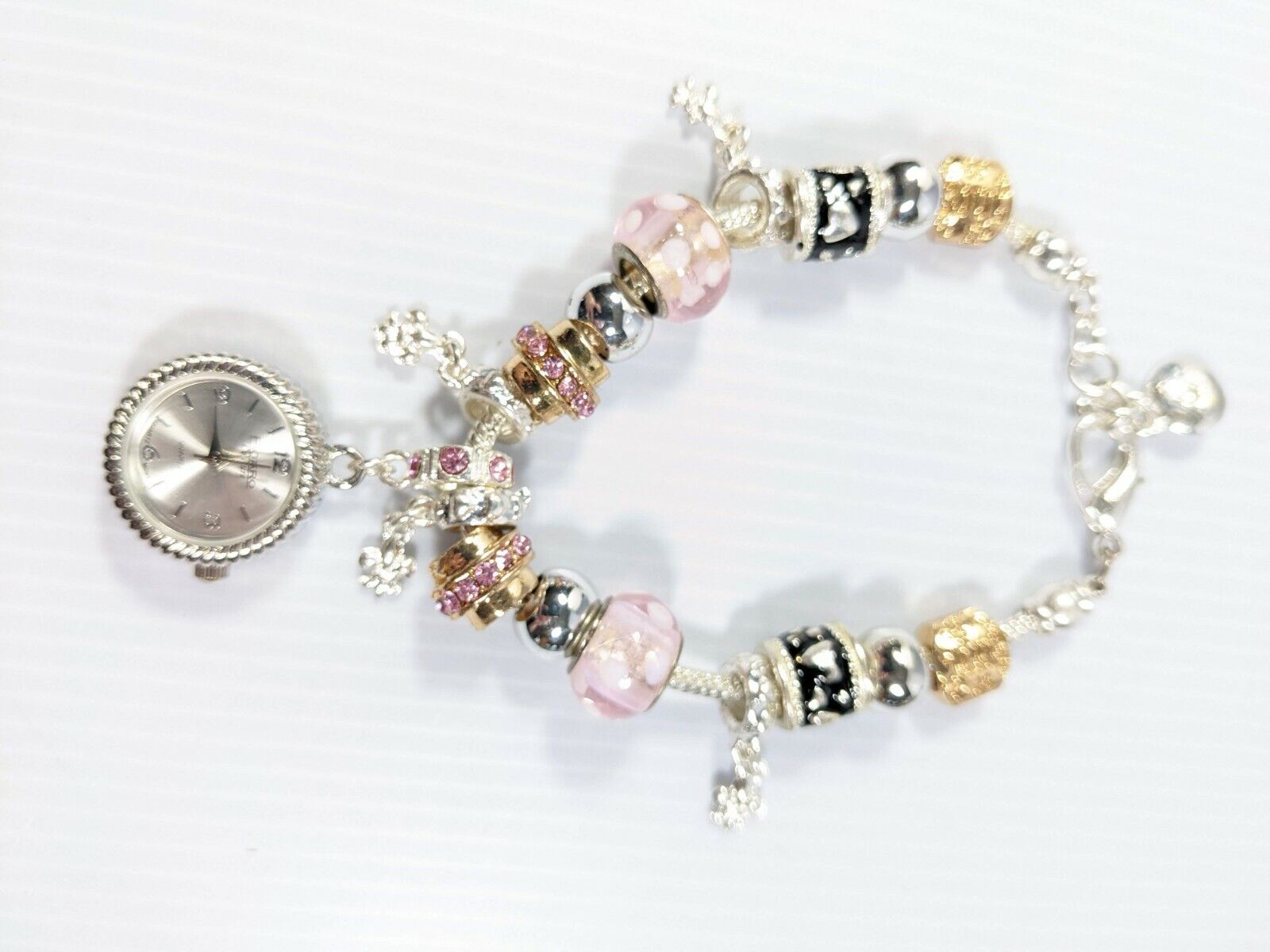 Figaro Couture Silver Tone Pink Glass Watch Slide Charm Bracelet 8.5 inches
