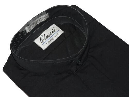 Camisa de vestir negra con cuello mandarín (cuello con bandas) para hombre y niño, sin pliegue Foto 2 de 3