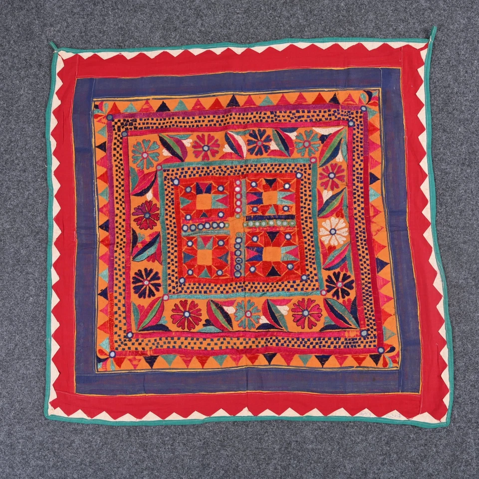 Cotton Floral Wall Hanging Vintage Embroidery Mirror Work Wall Tapestry 3 x 3 ft - Image 2 of 4