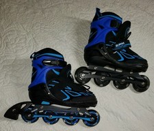 Child sz 10-13 2PM Sports In-line Kids Skates Black/Blue Flashing wheel Preowned