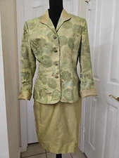 Vintage Bergamo by EBI Women's Skirt Suit 10 Green Silk Floral Quiet Luxury