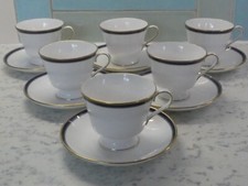 Spode Lausanne White with Blue Band & Gold Rim Tea Cup & Saucer x 6