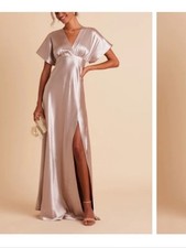 Birdy Grey Jesse Dress Taupe Kimono Satin Bridesmaid Maxi Slit Flattering Small