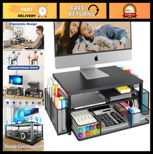 2-Tier Desk Organizer Monitor Stand Riser with Drawer, Pen Holders, Office Sup