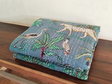 Indian Jungle Hand Block Printed Gray cotton kantha quilt Blanket , Bedspread