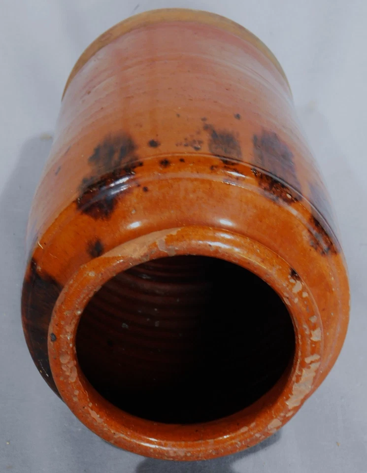 Rare antique redware vase urn glazed manganese splotch  early 19th c. decorated - Image 4 of 4