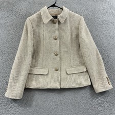 Talbots Blazer Womens 12P Beige Herringbone Wool Blend Office Career Coat Preppy