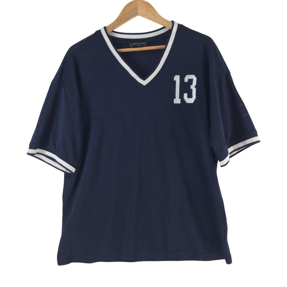 White Fox T-Shirt Womens M/L Navy Mesh V Neck Oversized Sports Jersey 141196
