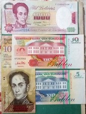FOUR  NOTES , VENEZUELA 100 AND 1000 BOLIVARES & SURINAME 5 AND 10 (UNC) GULDEN