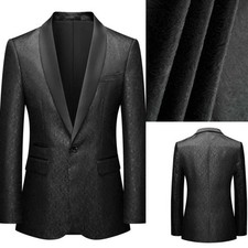 Men Black Jacquard Suit Satin Shawl Lapel Jacket Single Breasted Party Formal