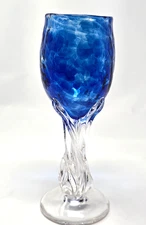 EUC White Elk Deep Ice Blue Hand Blown Art Glass Wine Goblet
