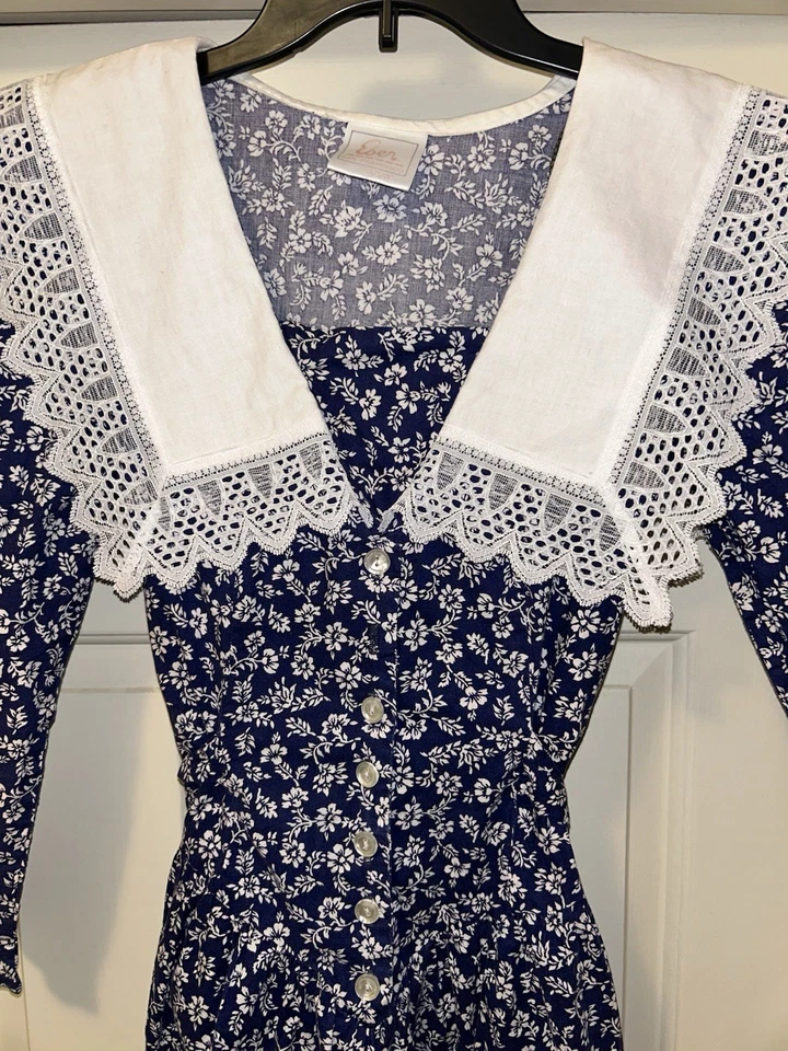 Vestido Vintage EBER SAN FRANSISCO Talla 9 Cottage Core Azul Blanco Floral Algodón Foto 2 de 3