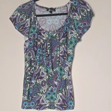AB Studio Y2K Top Size S Ruffle Front Cap Sleeve Fairy Whimsical Paisley Print