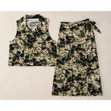 Vintage Hawaiian Set Sleeveless Top Midi Wrap Skirt M Hawaii Tropical Sailboat