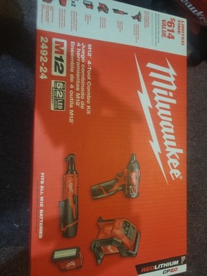 Milwaukee 2492-24 M12 4-Tool Combo Kit - Screw Gun, Ratchet, Inflator, Light NEW