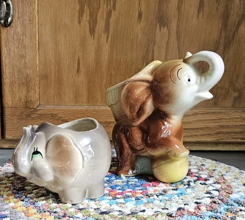 Vintage Elephant Planters Lot of 2 / Shawnee USA Pottery / Happy Trunk Up