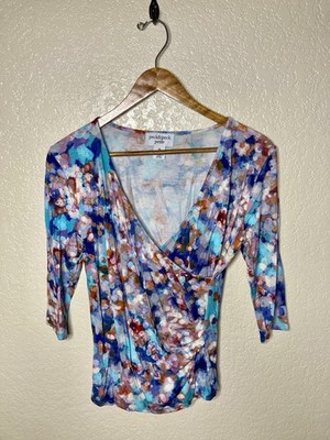 Peck & Peck Wrap Top Womens Petite Medium Floral 3/4 Sleeve