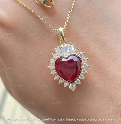 3CT Heart Lab Created Red Ruby Diamond Solitaire Pendant 14k Yellow Gold Plated