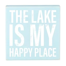 Rustic Box Sign Decor with Saying Wood Plaque 8in SQ x 1.75in D Lake Happy 2 PK
