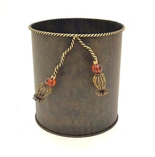 Tin Waste Basket With Iron Tassel and Rope Design-10"W x 10.5"H