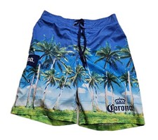 Corona Swim Shorts Men 34 Blue Palm Tree Print Surf Board Trunks Mesh Lined Beer