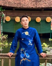 Blue Ao Dai for men, Embroidered Vietnamese Traditional Long Dress for Men TA14