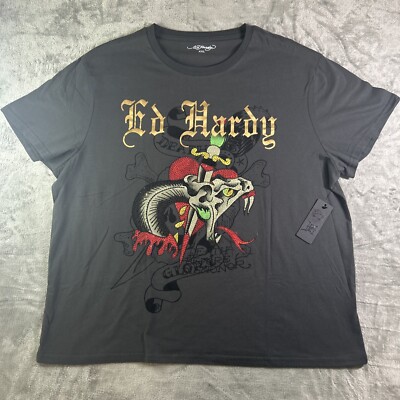 Ed Hardy Shirt- Mens XXL- Y2K Tee T Shirt- Charcoal Gray- Snake Print- NWT