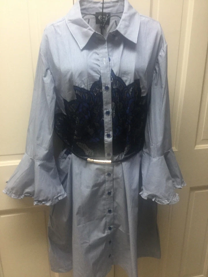 ECI рубашка платье в тонкую полоску кружева деталь с ремнем 14 синий темно-белый новый с Ярлыками - Изображение 3 из 4