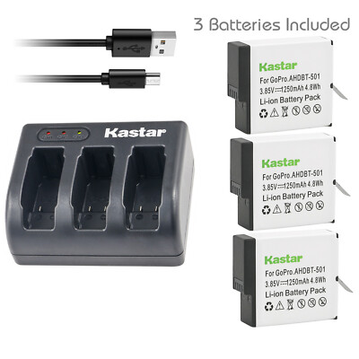 Kastar 3-Pack Battery + Charger for GoPro Hero 7 6 5 AABAT-001 AHDBT-501 601 701