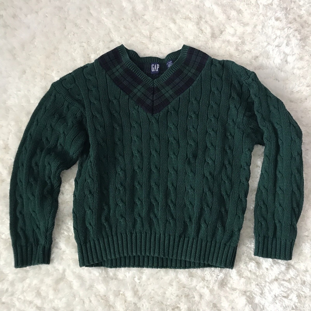 Vintage Gap Sweater Large Mens Cableknit Plaid V-Neck Preppy 80s