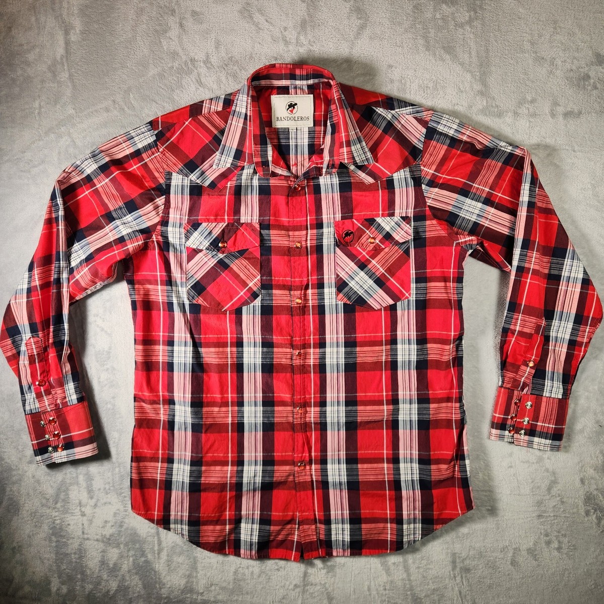 Bandoleros Shirt Mens Large Red Plaid Pearl Snap Country Western 