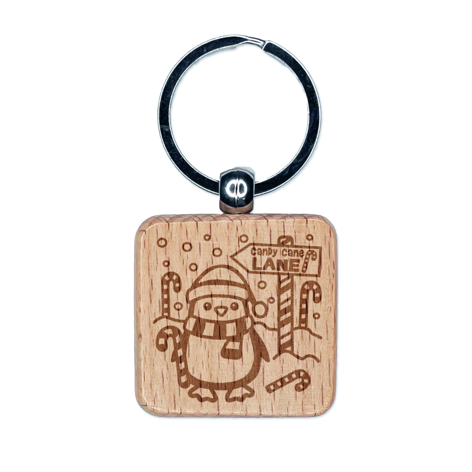Candy Cane Lane Penguin Christmas Engraved Wood Square Keychain Tag Charm