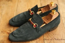 Gucci Navy Blue Suede Leather Brass Bit Loafers Shoes Men's UK 9 US 10 EU 43