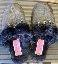 Kate Spade Black Glitter Fuzzy Slippers Bow Charm Cozy Slides Women s L 9/10