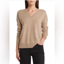 Charter Club Luxury V Neck Heather Camel Sweater M NWT