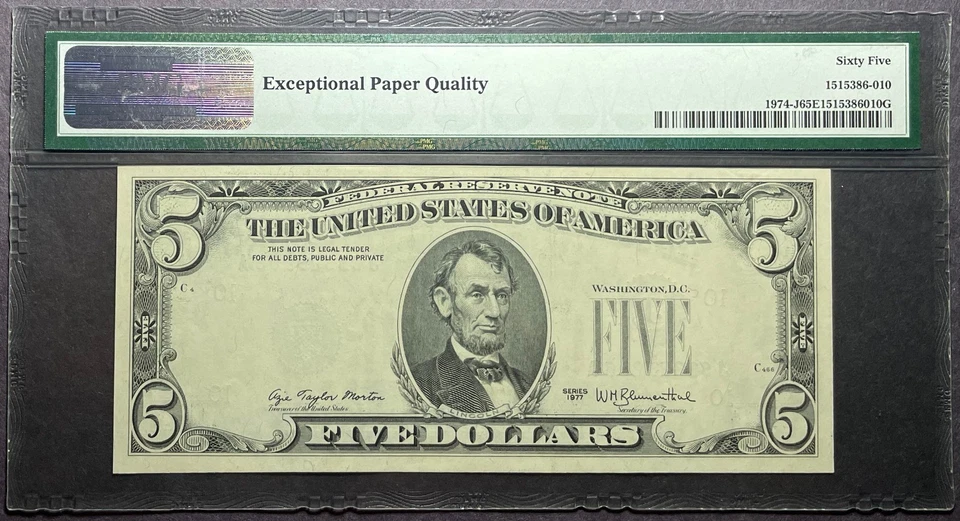 $5 1977 Federal Reserve Note Kansas City - Overprint on Back Error - PMG 65 EPQ - Image 2 of 2