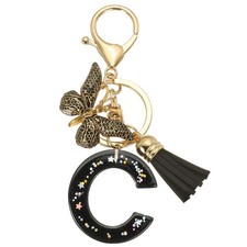 Initial Letter Keychain, Cute Butterfly Keychain with Tassel Letter C, Black